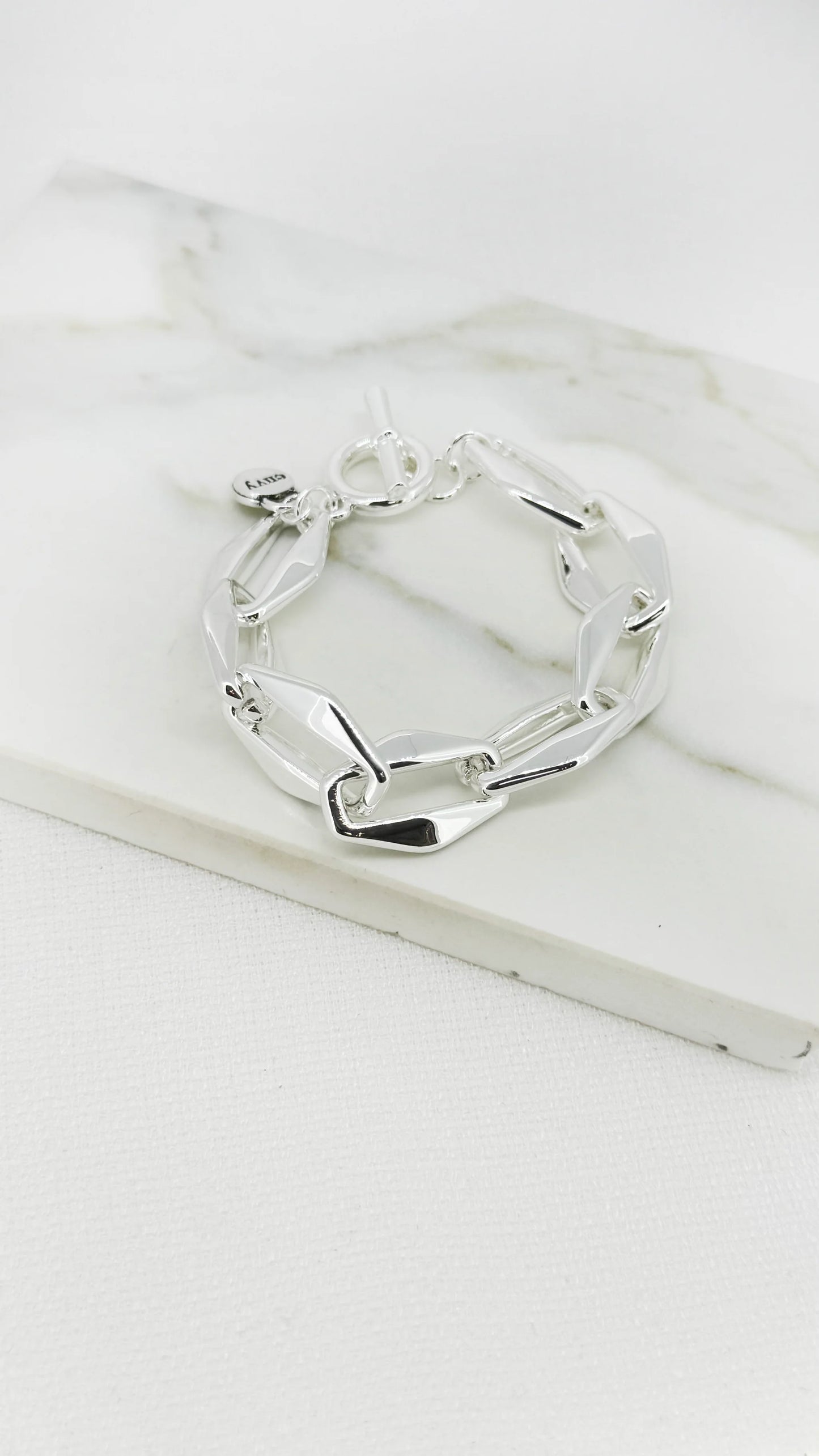 Silver thick link faceted T-bar bracelet