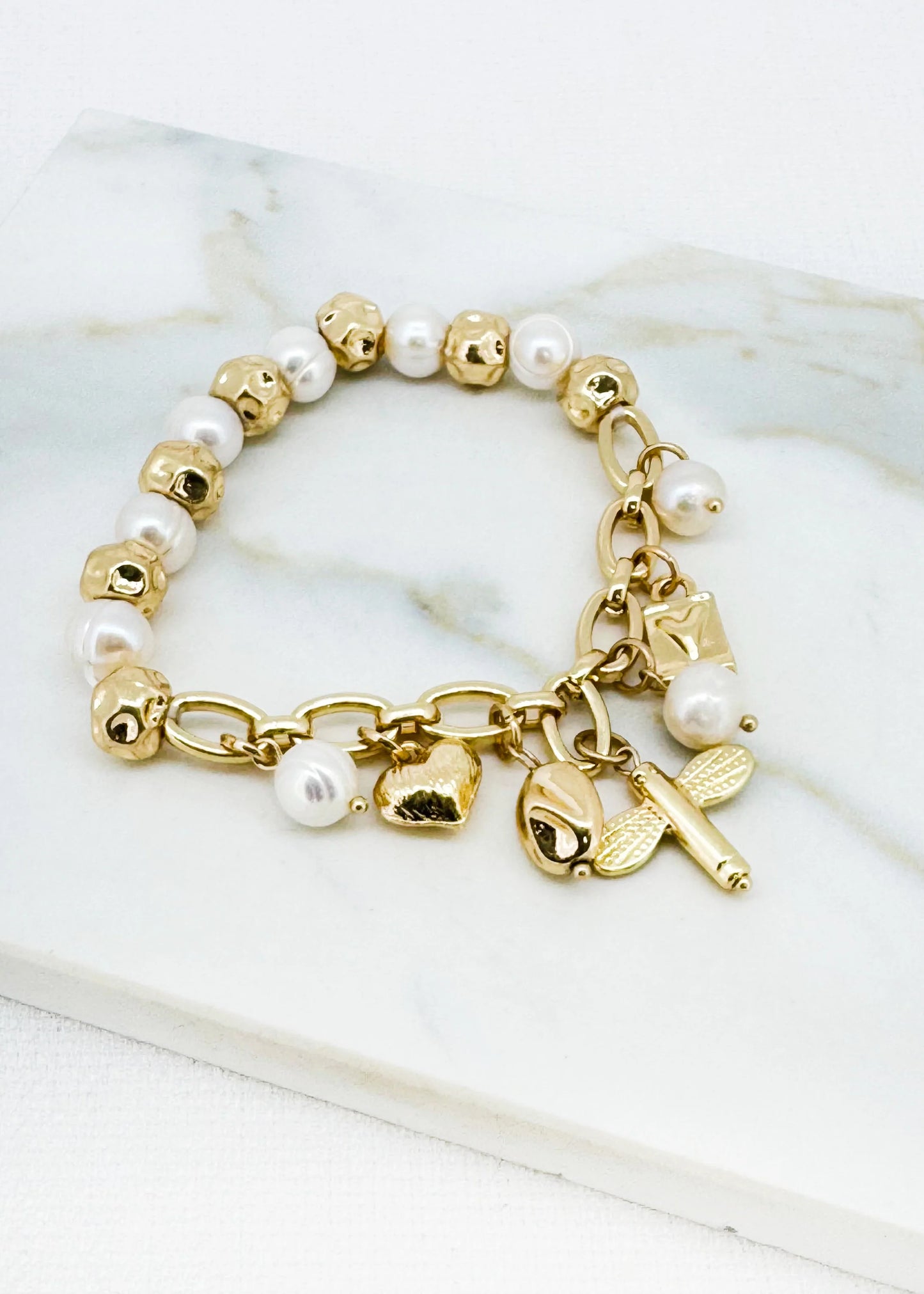 Elasticated gold and pearl ball charm bracelet
