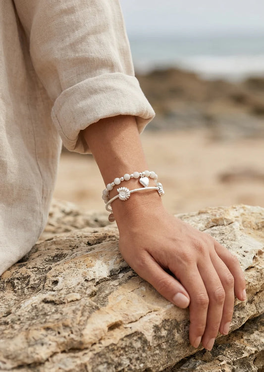 Elasticated stone and silver two layer bracelet with starfish design
